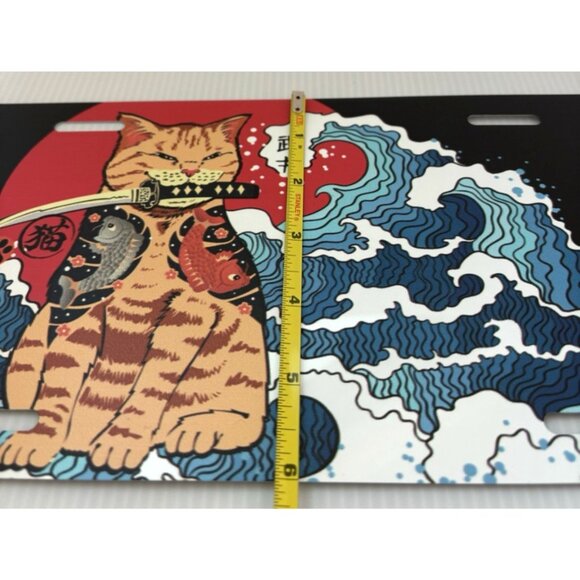 Japanese Anime Samurai Cat Aluminum License Plate Ocean Wave Red Sun Design NEW - Picture 5 of 6